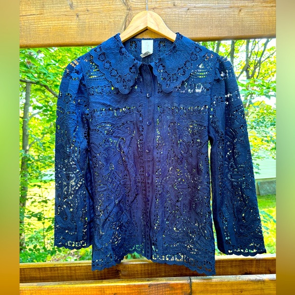 Joie Tops - Joie Women Navy Blue Embroidered Sheer Button Down Blouse Peter Pan Collar